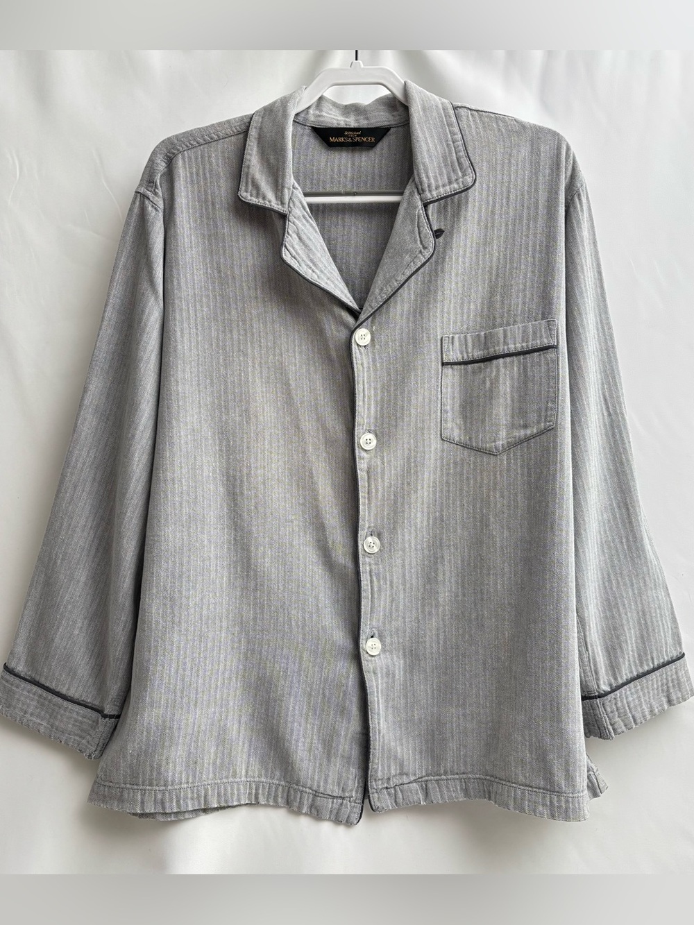 Vtg St. Michael Mens Large Herringbone Pajama shirt Marks & Spencer Loop Collar
